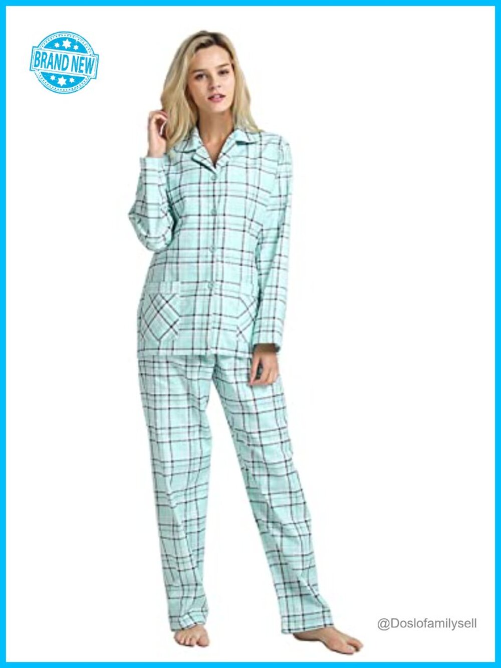 Women's 100% Cotton Flannel Pajama Set Long Sleeve Button Down Drawstring Waist